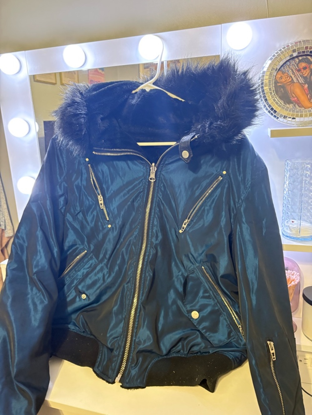 Shiny Navy Blue Faux-Fur Hood Bomber Jacket Reversible
